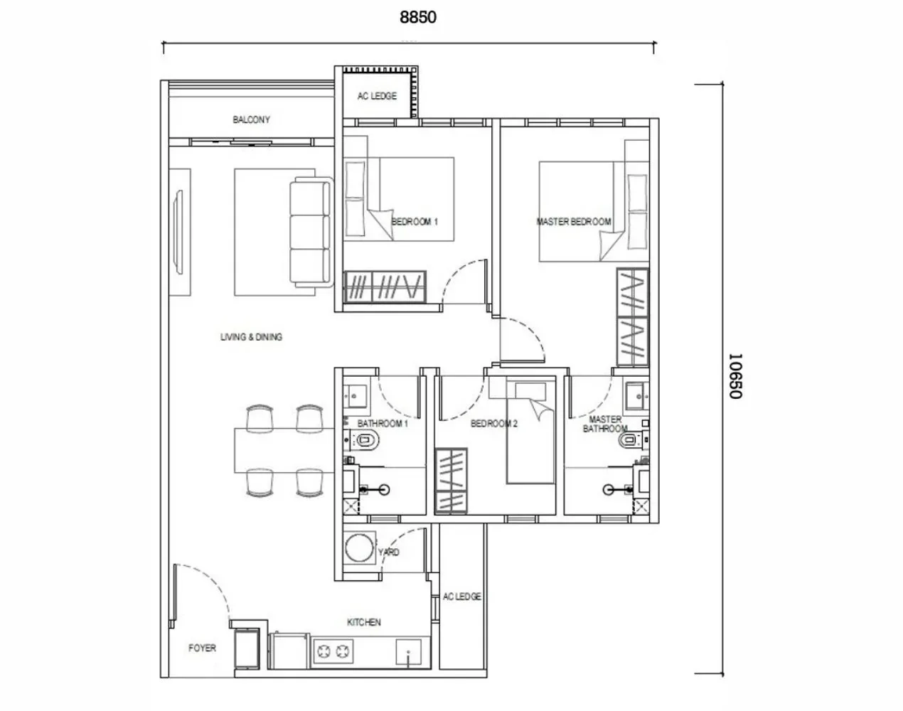 Type E 3 bedroom 850 sqft