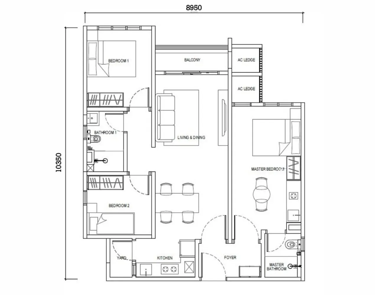 Type F 3 bedroom dual-key 850 sqft