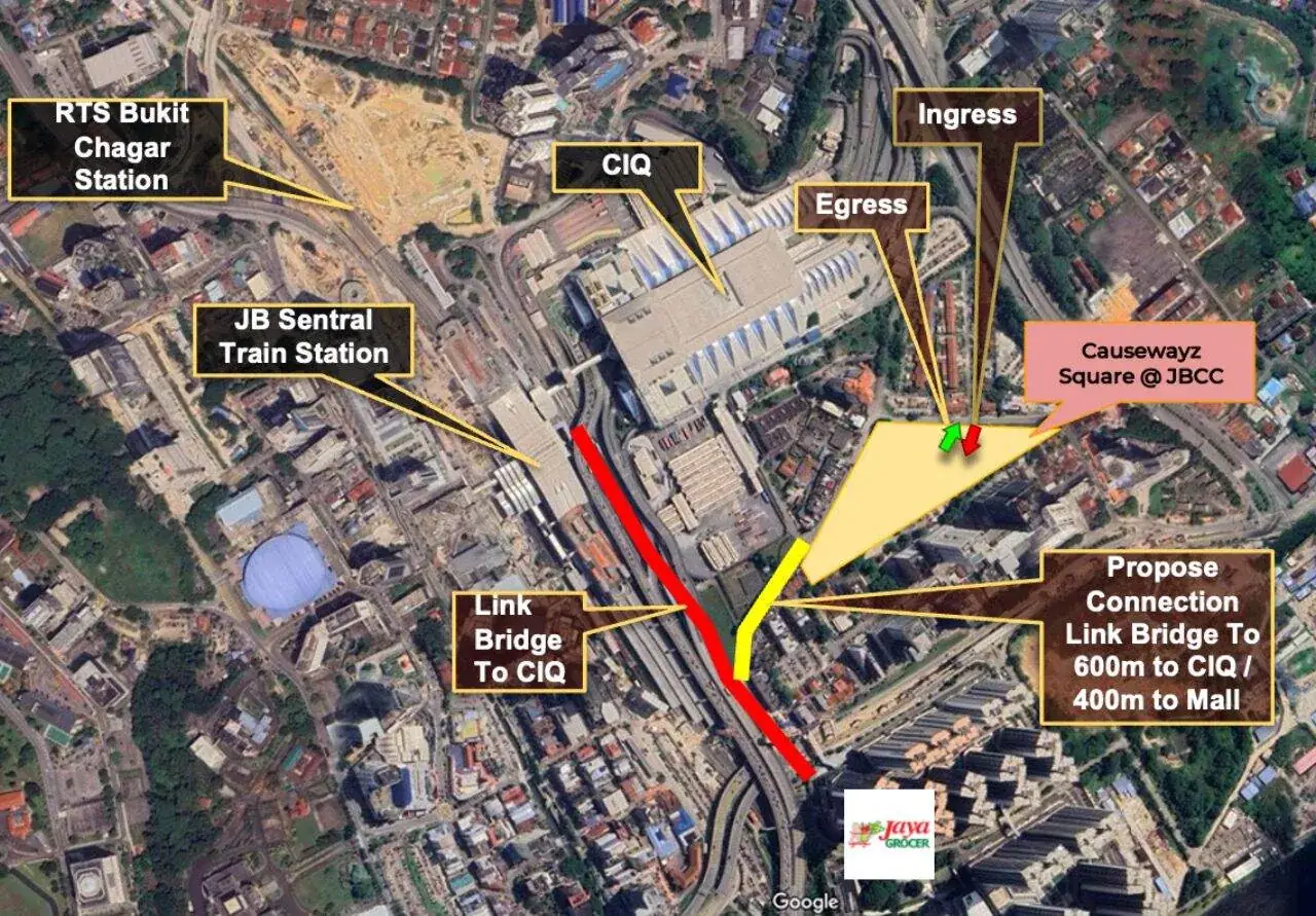 Causewayz Square location at Johor Bahru City Centre, showing RTS Bukit Chagar, CIQ, JB Sentral and the link bridge